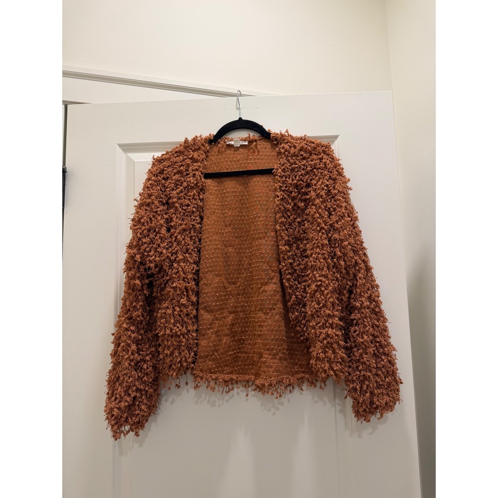 E&M Rust Orange Brown Shaggy Popcorn Knit Open Front Cardigan Jacket Small
